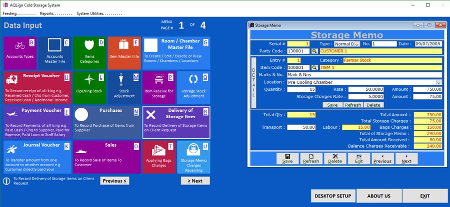 AQLign Cold Storage System Software Screen AQLign Cold Storage System - Easiest ERP Software for Cold Storage Business interface displaying automated double-entry ledger