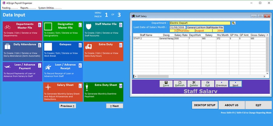 AQLign Payroll Organizer Software Screen AQLign Payroll Organizer - Easiest Staff Attendance & Payroll Software for Small Business interface displaying automated double-entry ledger