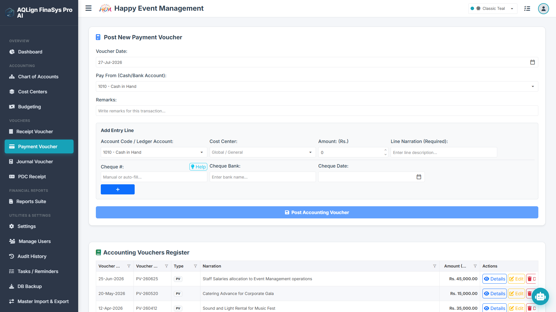 Double-Entry Voucher Engine & Transaction Templates (RV, PV, JV) Screenshot
