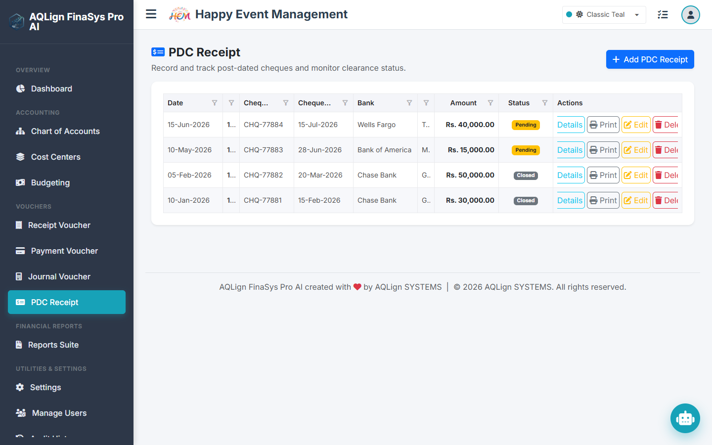 Post-Dated Cheque (PDC) Maturity & Cash Flow Clearing Screenshot